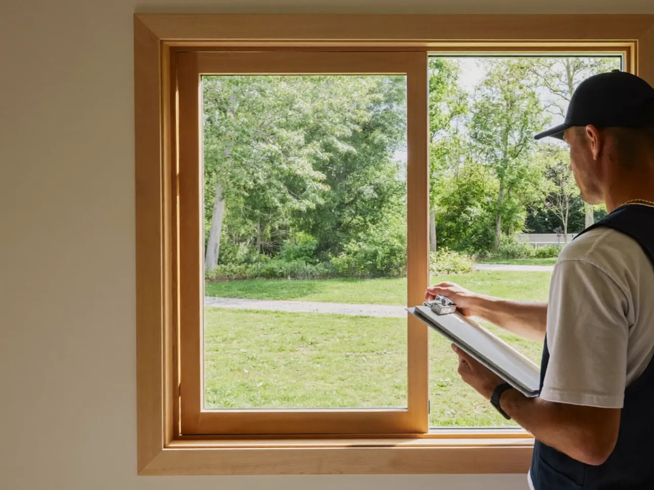 An installer measuring a sash window during a survey