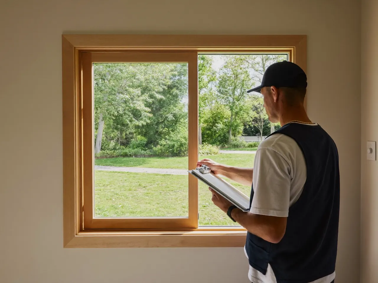 An installer surveying a sash window before quoting
