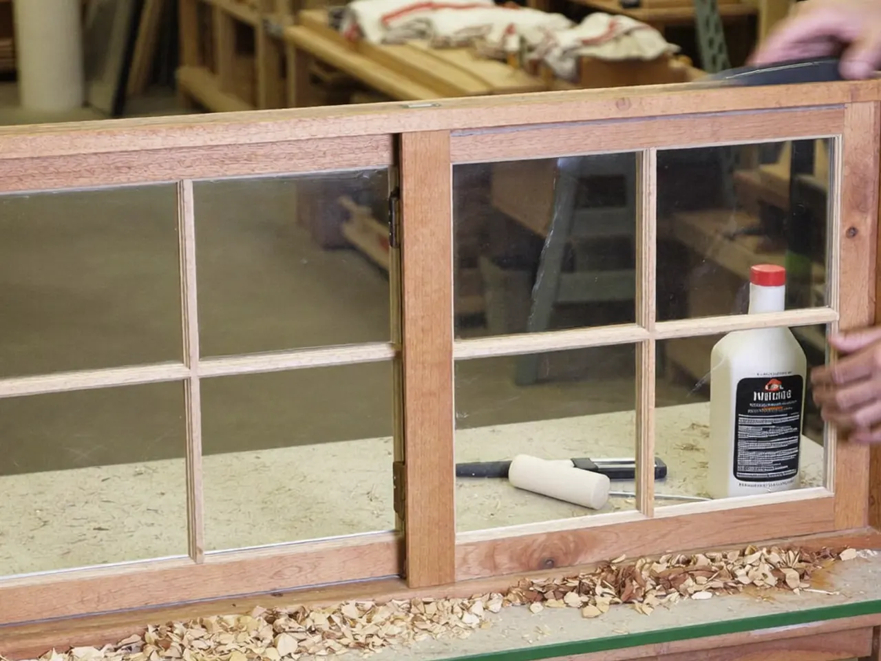 A joiner sanding a repaired section of a timber sash
