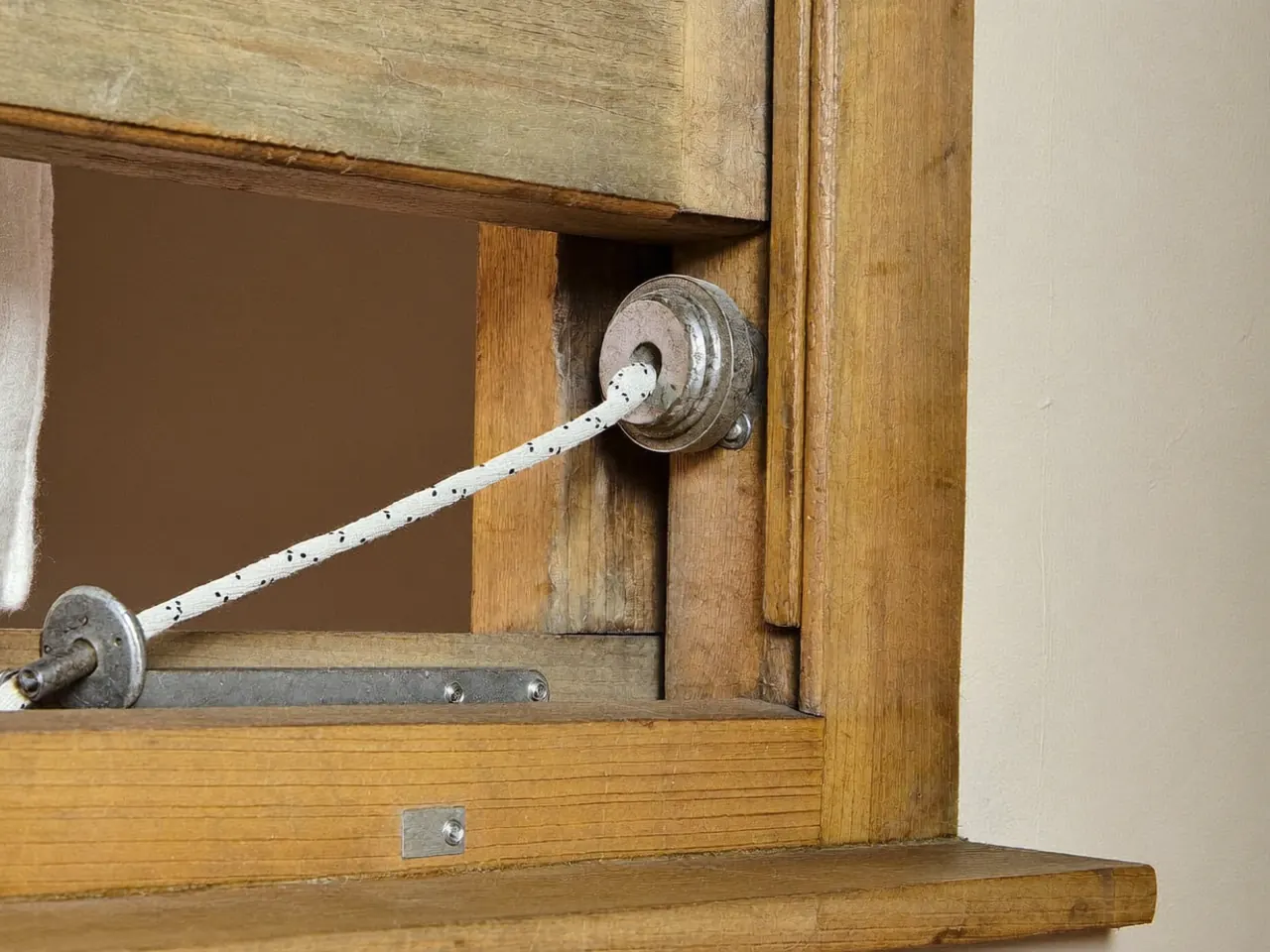 Hands replacing a sash cord inside a window box frame